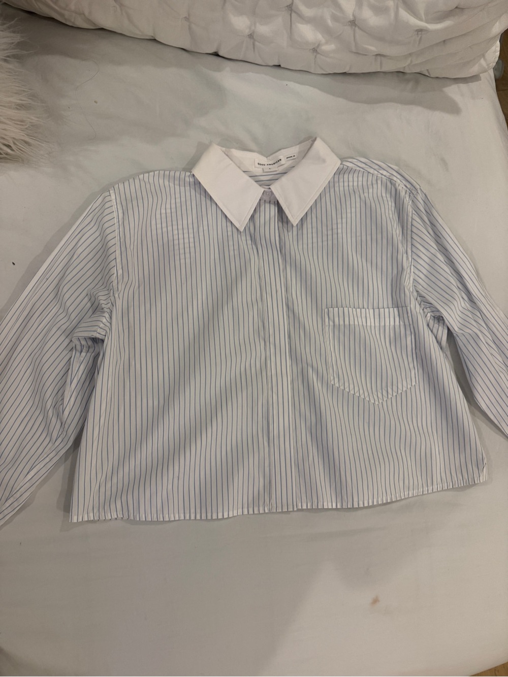 Good American Blue Pinstripe Button-Down Shirt with White Collar